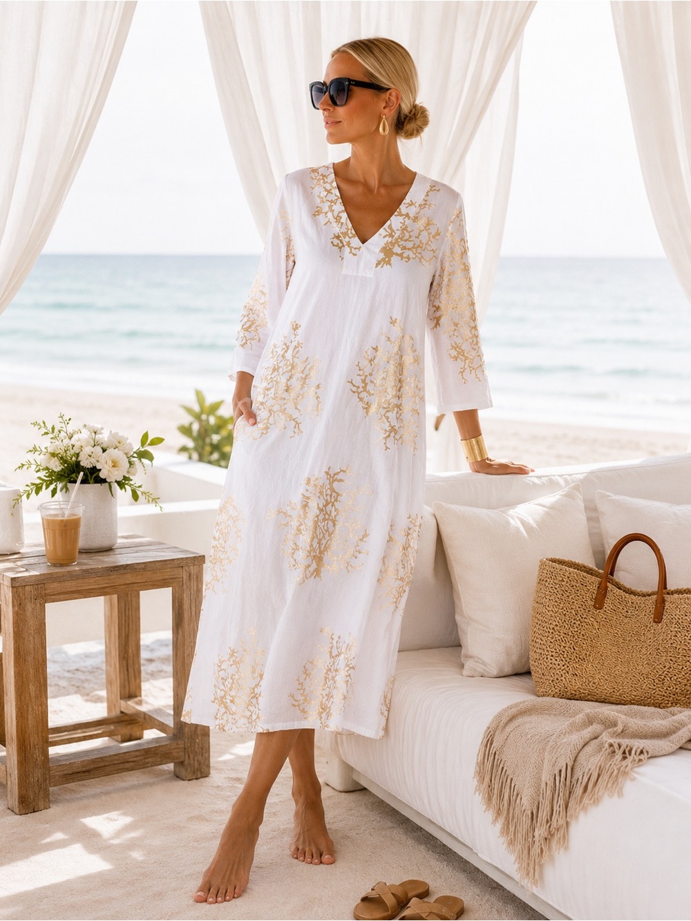 Debbie Katz South Beach Tally Tunic White Gold Cotton Midi Cover Up Dress Sz XS